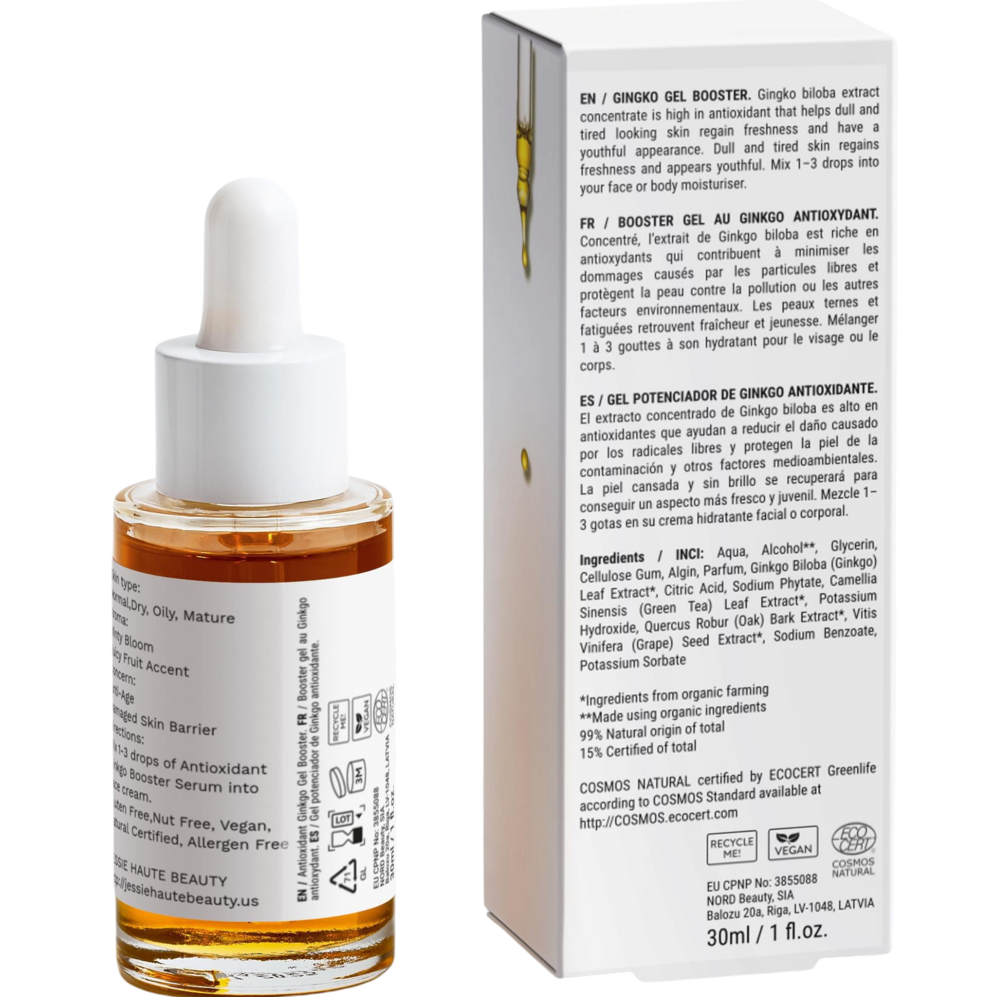 Gingko Booster dropper bottle with its packaging on back by Jessie haute Beauty a white background