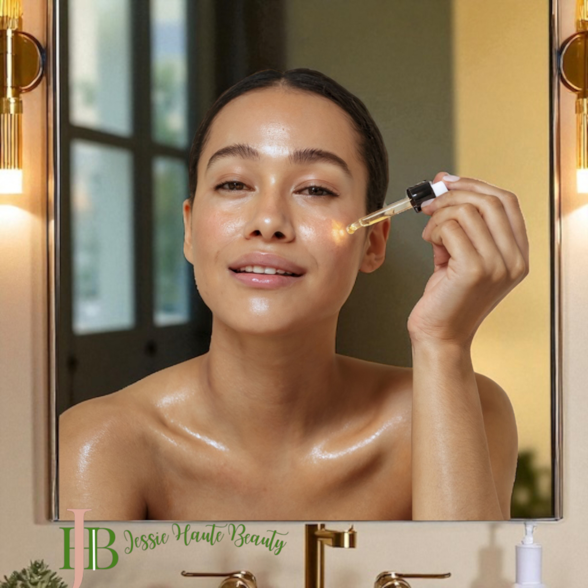 Woman applying a dropper of skincare product to her face in front of a mirror with 'Jessie haute Beauty Brand