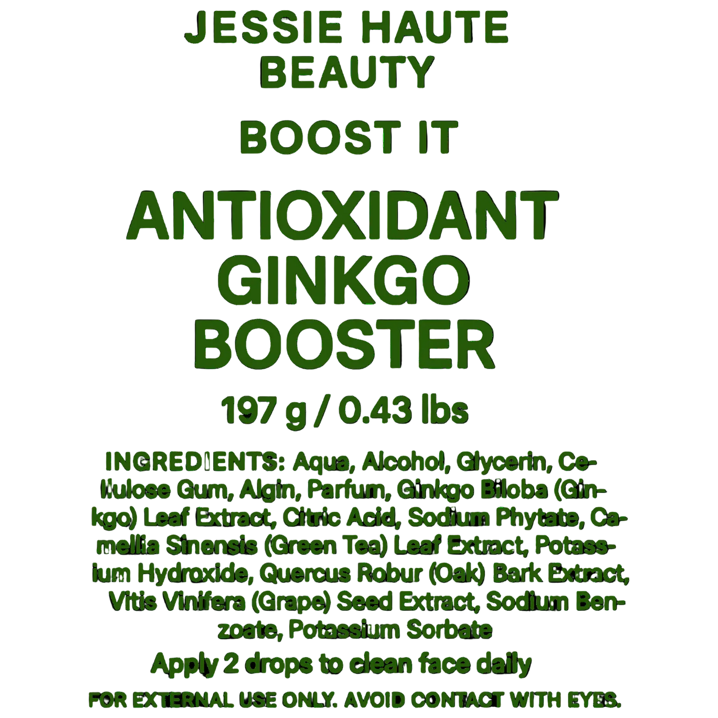 Product label for Jessie Haute Beauty Antioxidant Ginkgo Booster with ingredients and usage instructions.
