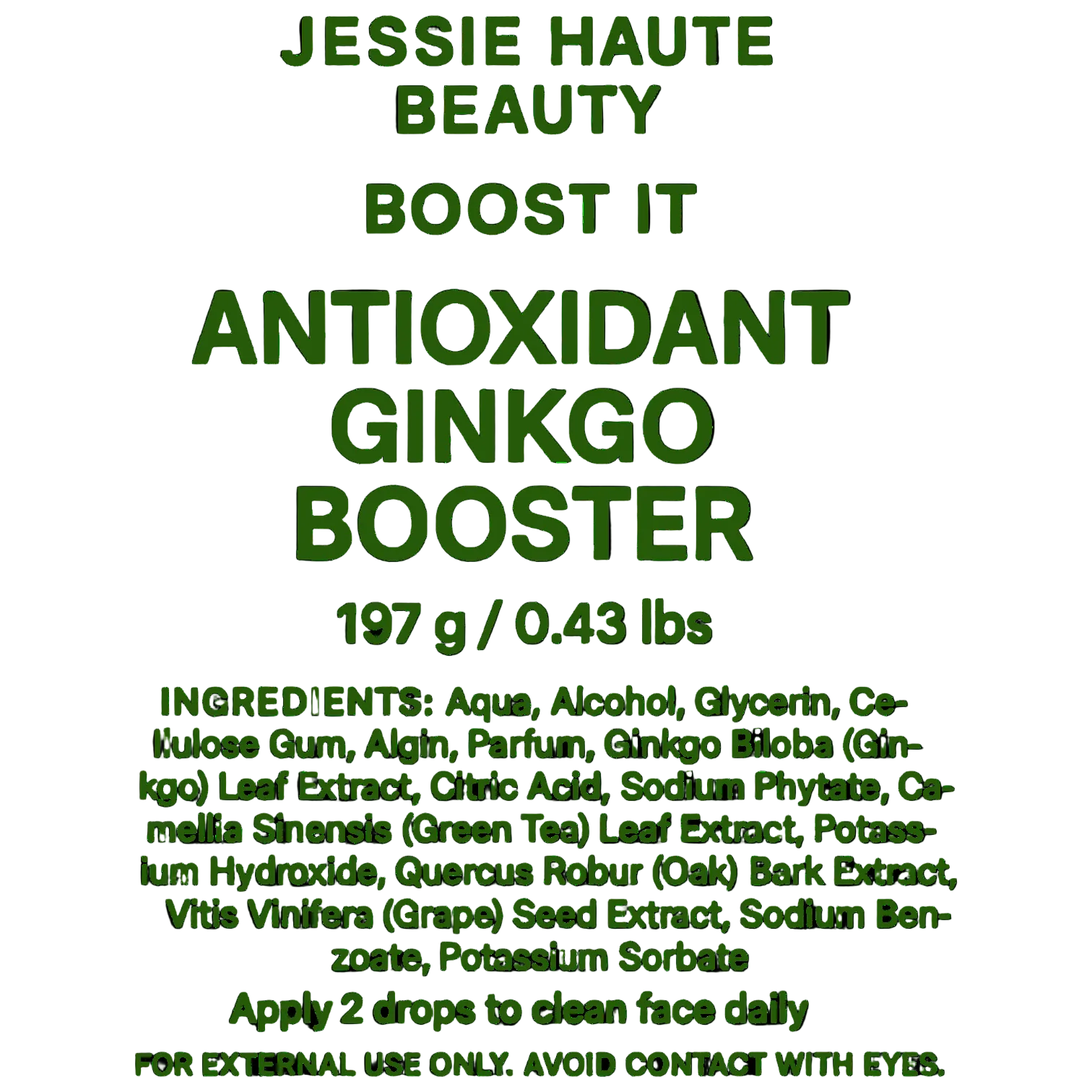 Product label for Jessie Haute Beauty Antioxidant Ginkgo Booster with ingredients and usage instructions.