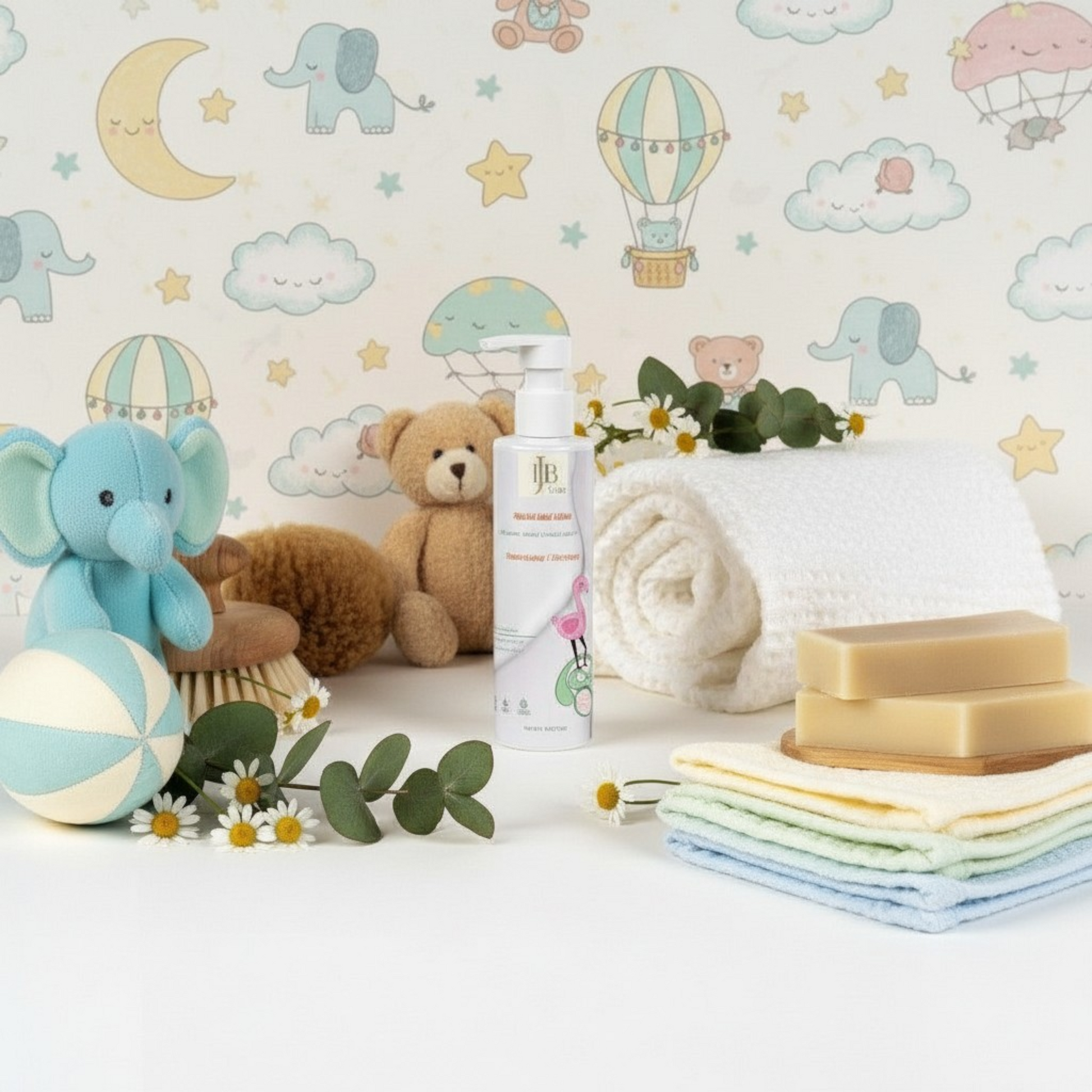Baby products including a bottle, towels, and toys with a colorful wallpaper background.