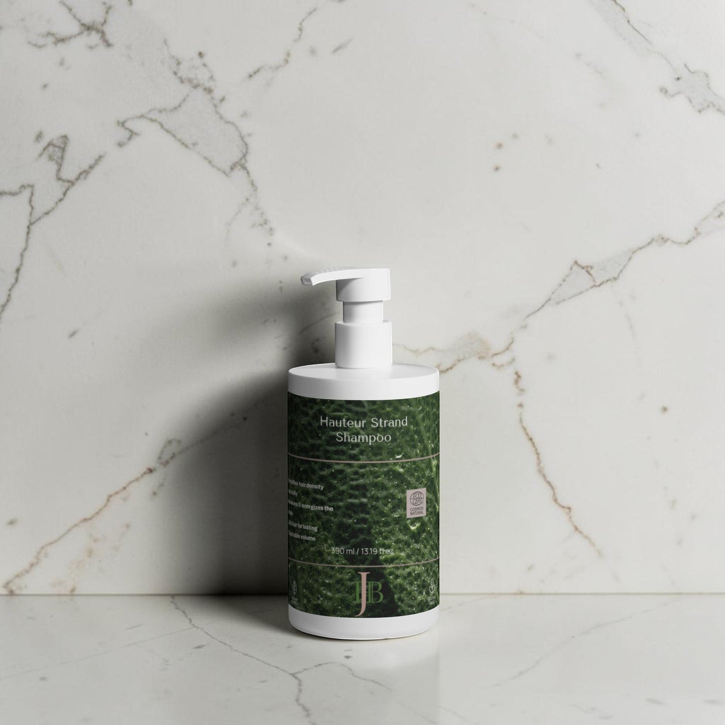 Shampoo bottle with green label on a neutral background