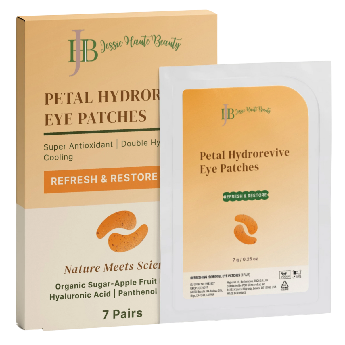 Jessie Haut Beauty Petal Hydrorevive Eye Patches shown with the retail box and an individual sachet on a plain white background.