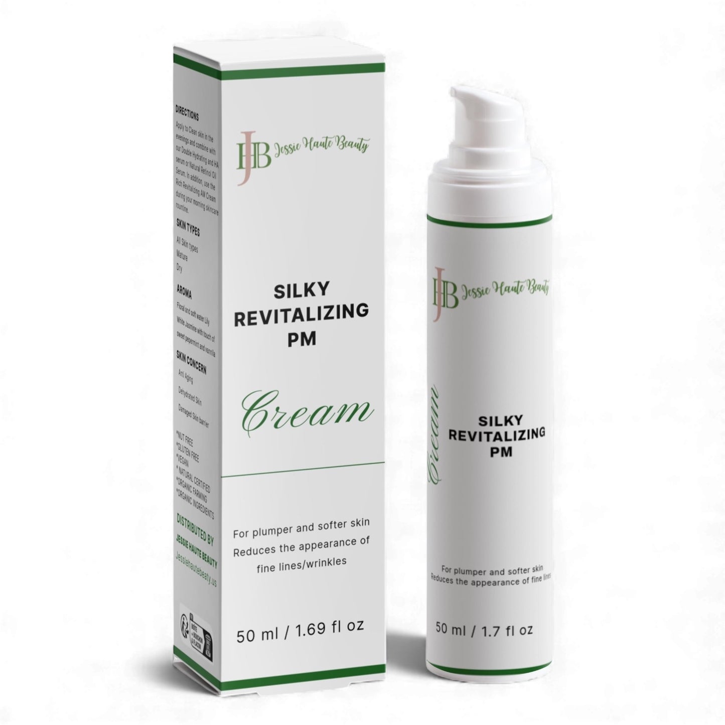 Silky Revitalizing PM Cream packaging with white and green design on a white background
