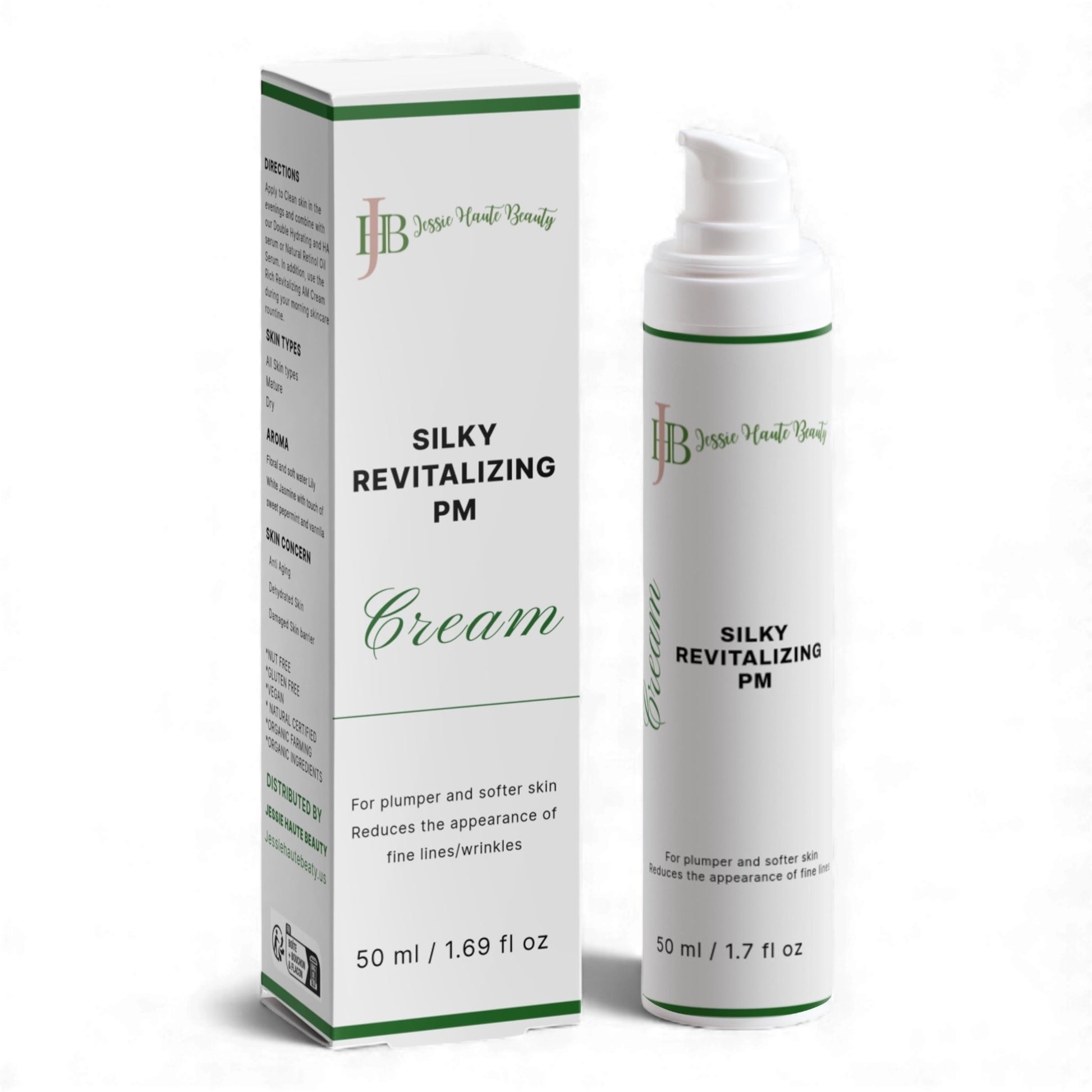 Silky Revitalizing PM Cream packaging with white and green design on a white background