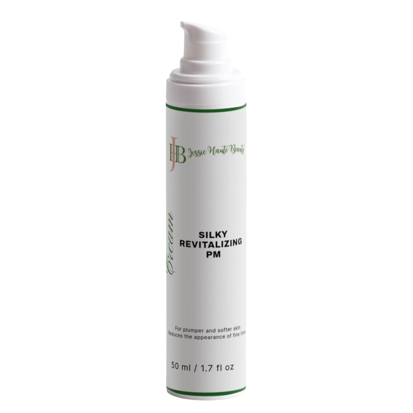 Skincare bottle labeled 'Silky Revitalizing PM' on a white background