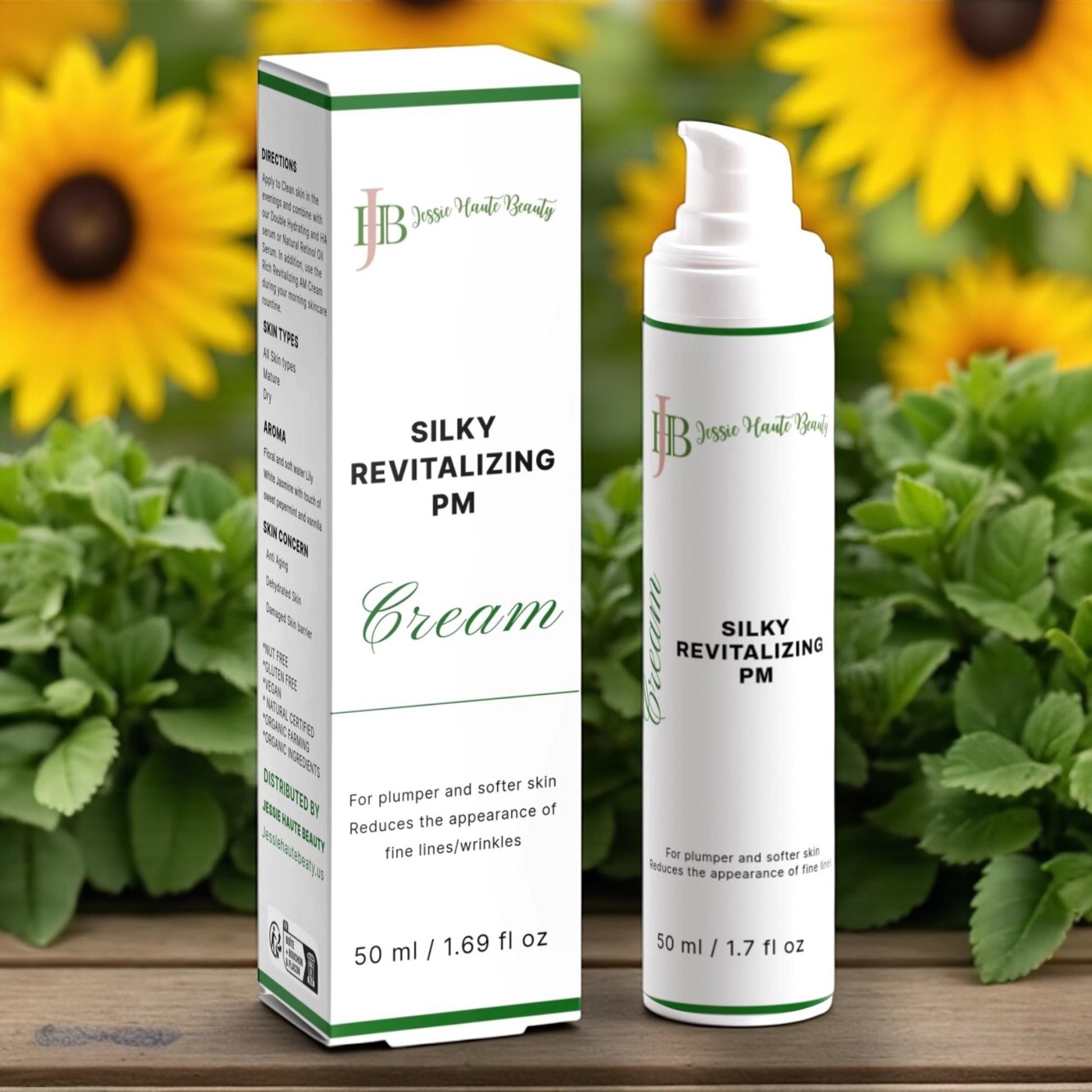 Silky Revitalizing PM Cream packaging with sunflower and green plant background