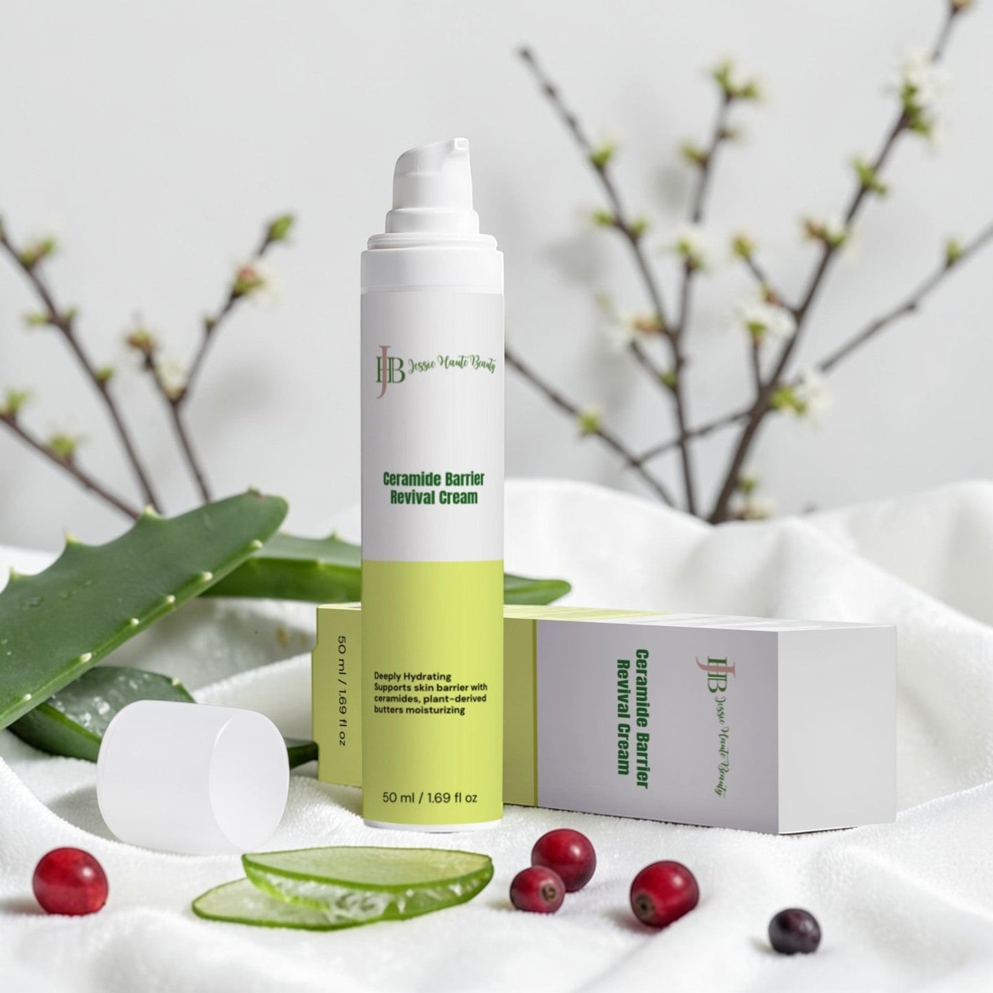 Ceramide Barrier Revival Cream with aloe vera leaves and berries on a white surface