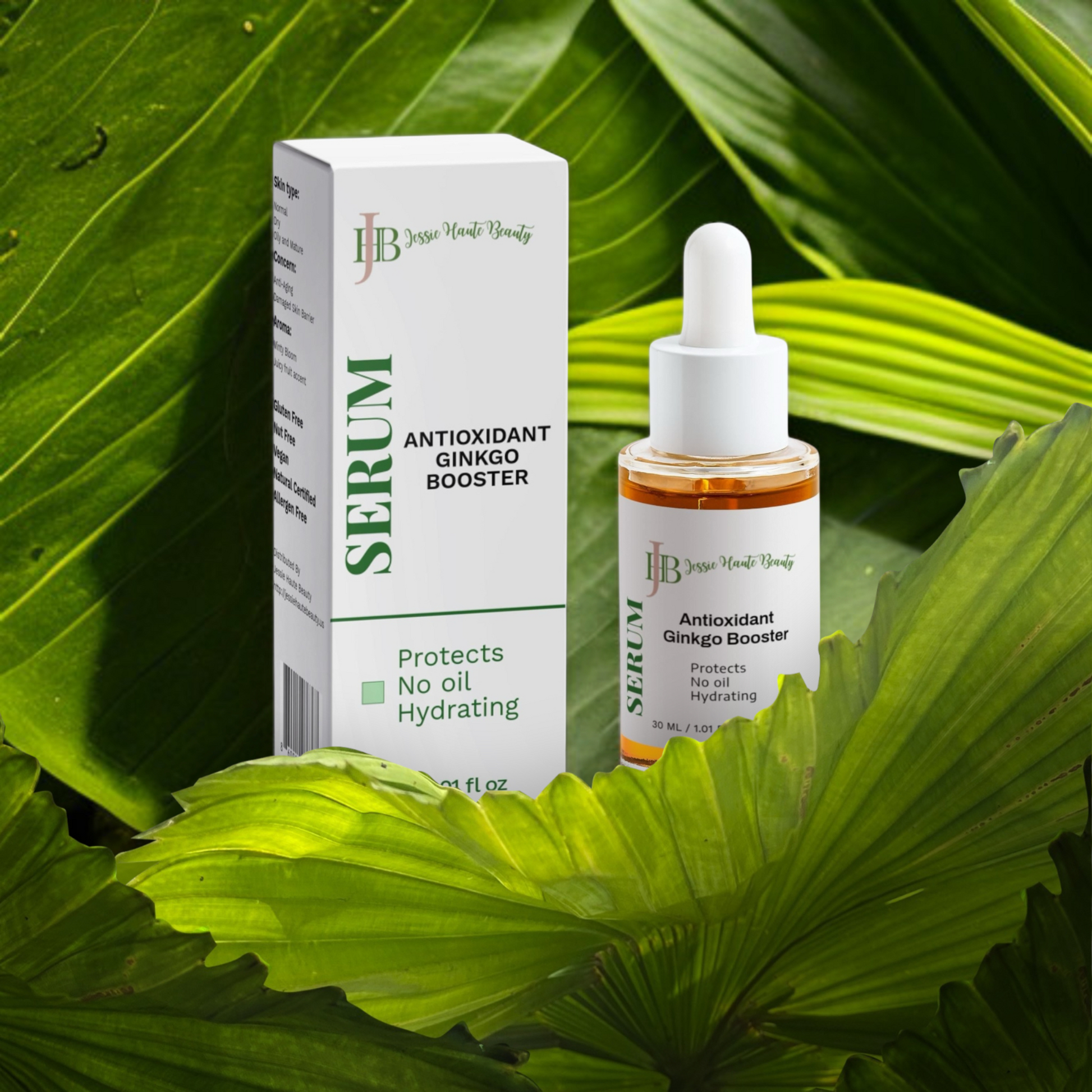 Serum bottle and packaging on a leafy green background by Jessie haute Beauty