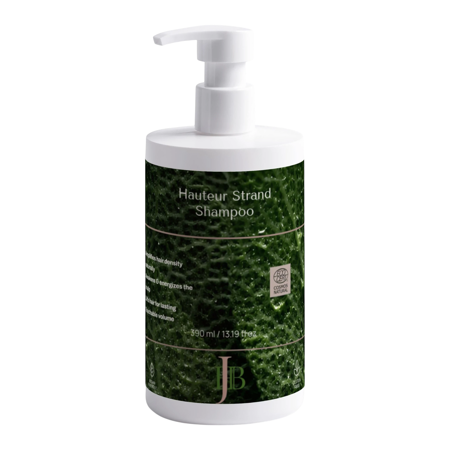 Shampoo bottle with green label and white pump on a white background