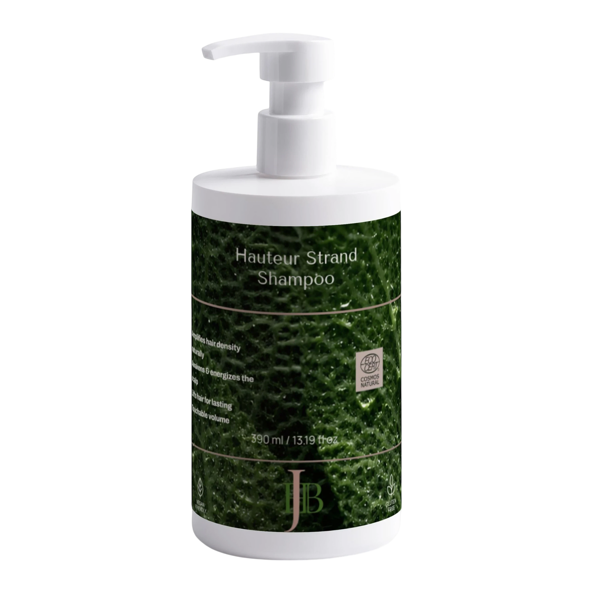 Shampoo bottle with green label and white pump on a white background