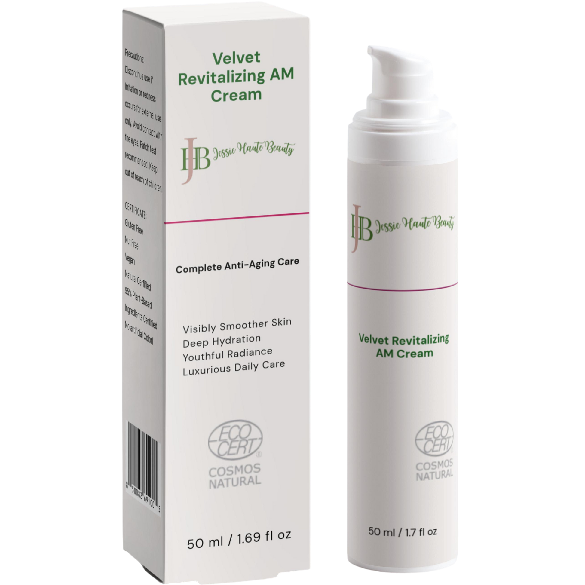 Jessie Harte Beauty Velvet Revitalizing AM Cream packaging and bottle on a white background