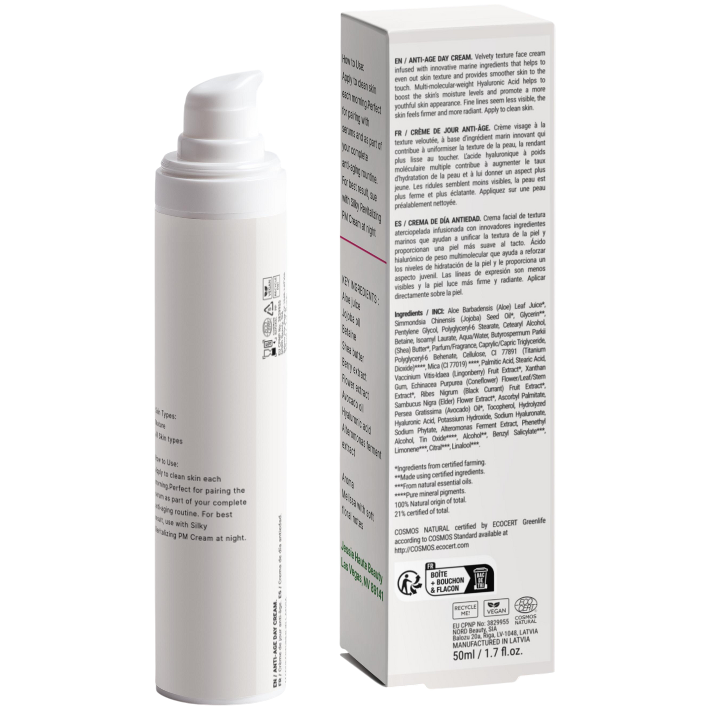 White cylindrical cream container with text on a white background