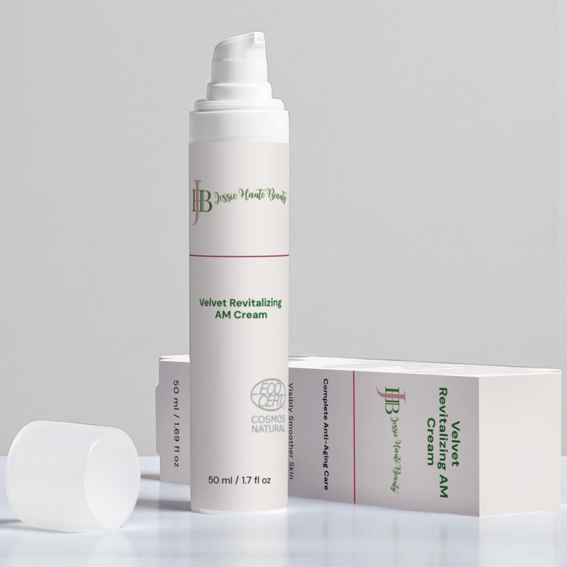 Skincare cream bottle with visible branding on a light gray background