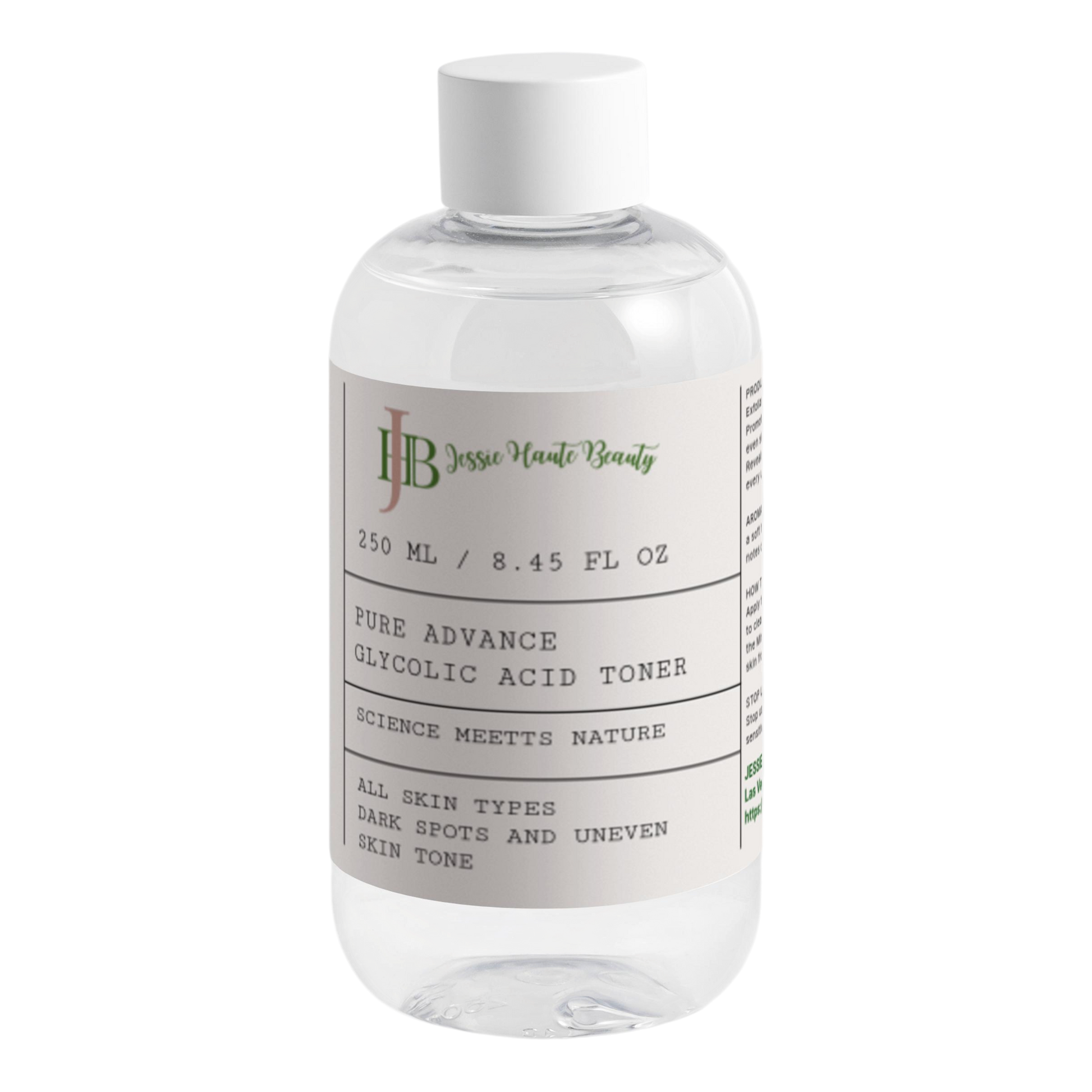 Clear bottle of HJB Pure Advance Glycolic Acid Toner on a white background