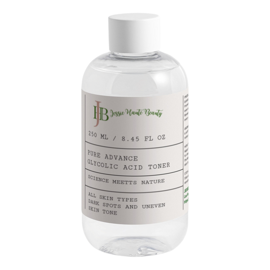 Clear bottle of HJB Pure Advance Glycolic Acid Toner on a white background
