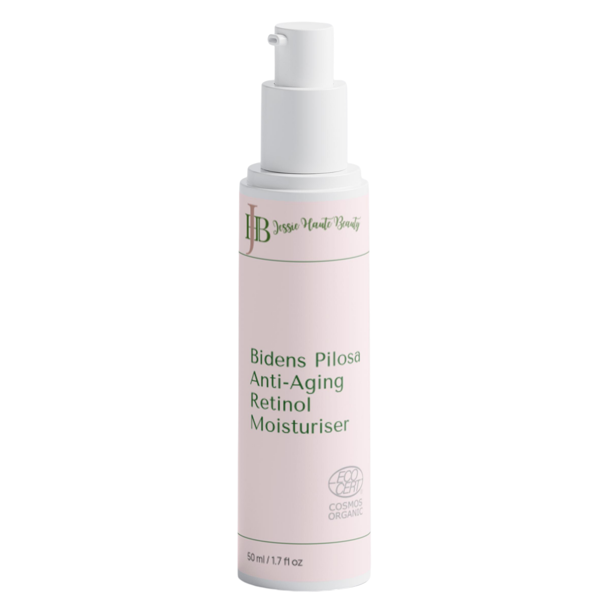 Bottle of Bidens Pilosa Anti-Aging Retinol Moisturiser with Jessic Nattt on a white background