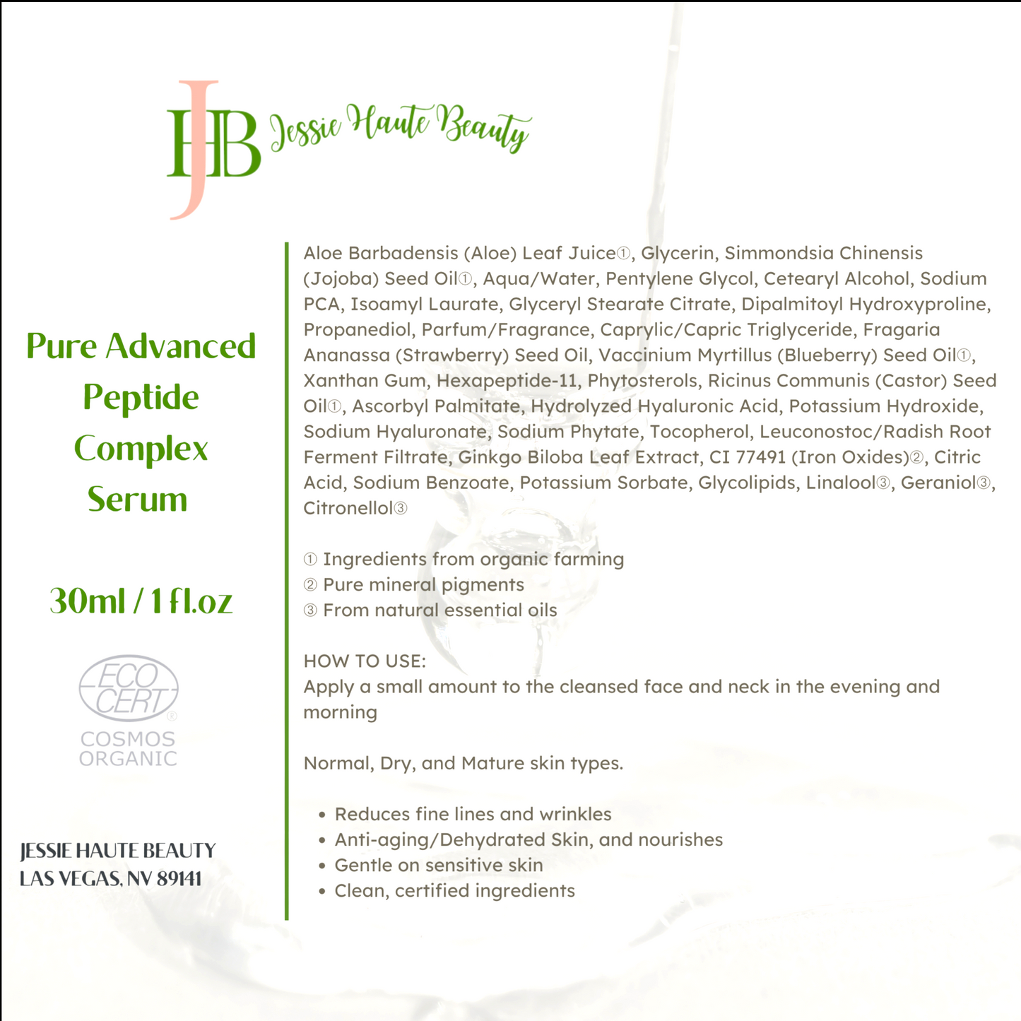 Jesse Hauti Beauty Pure Advanced Peptide Complex Serum packaging with ingredients list and application instructions.
