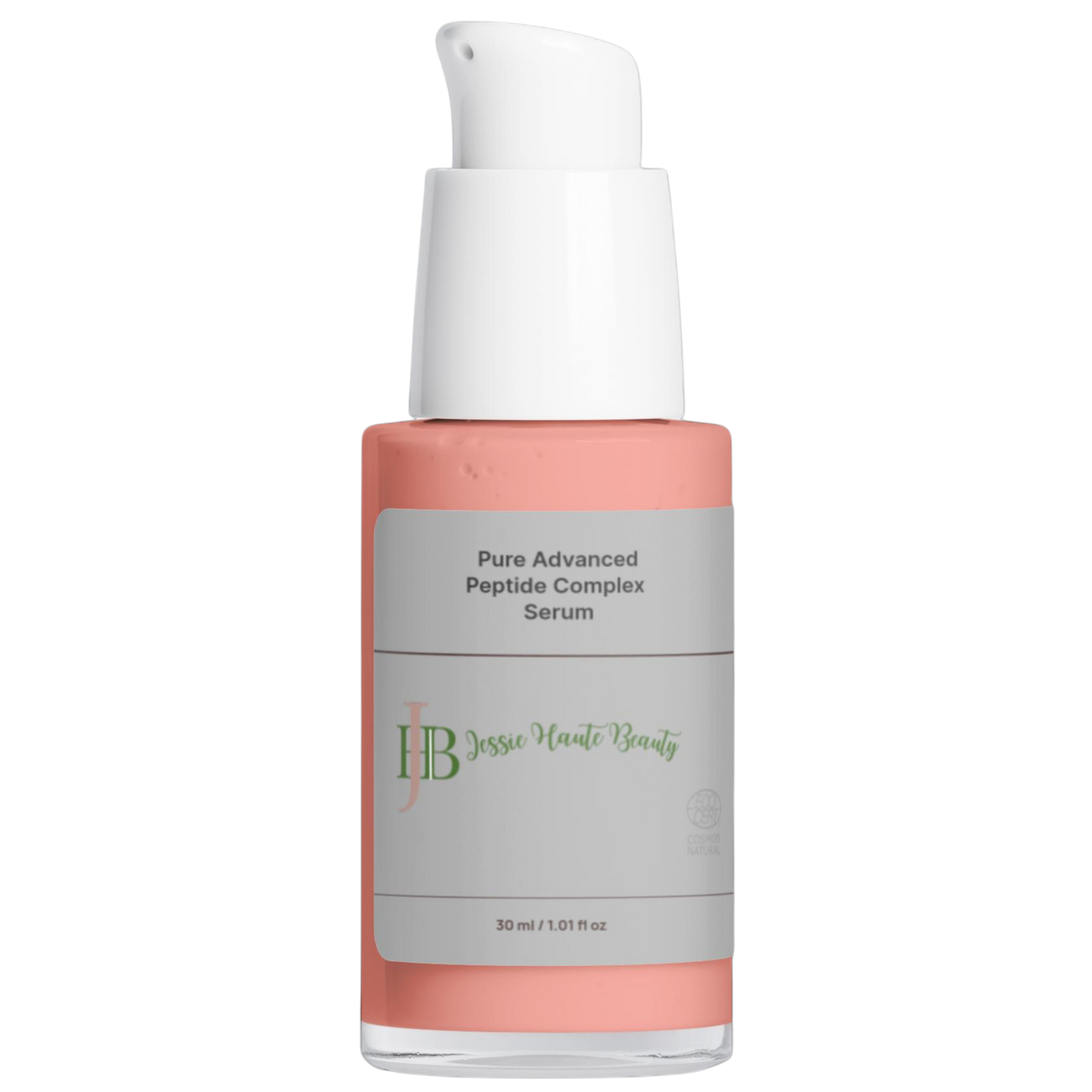 Serum bottle with a white pump and pink body on a white background