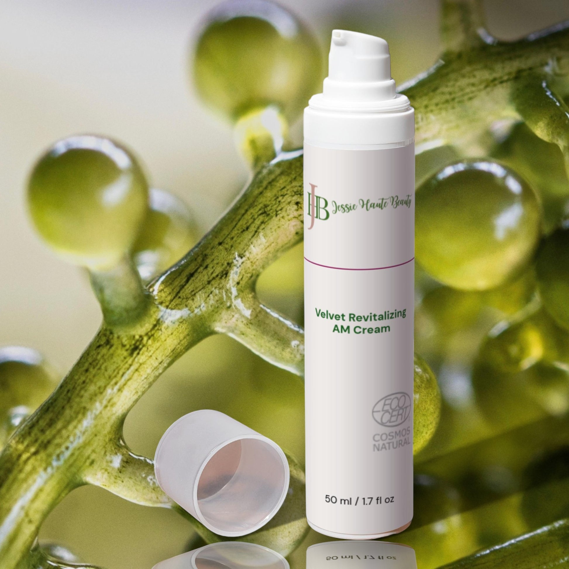 White cream bottle with green leaves in the background