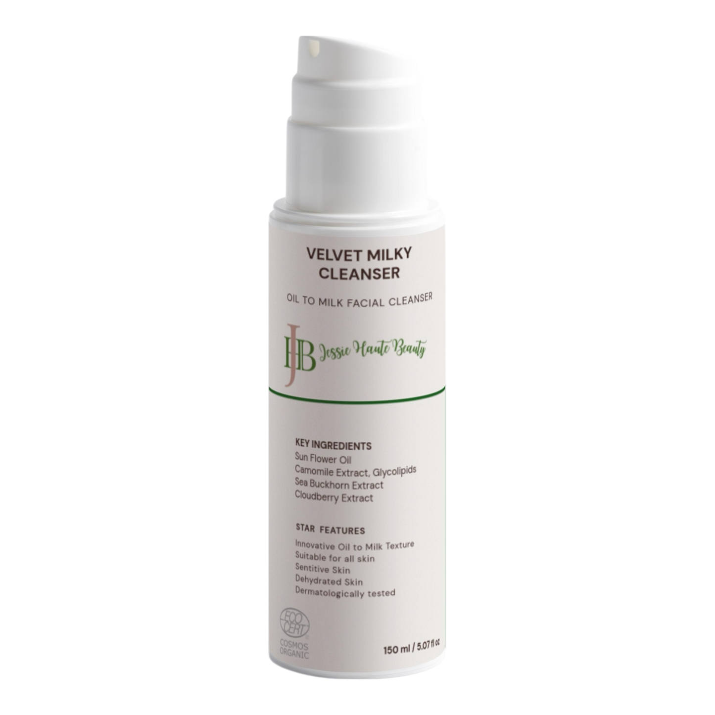 Jessie Harte Beauty Velvet Milky Cleanser bottle on a white background