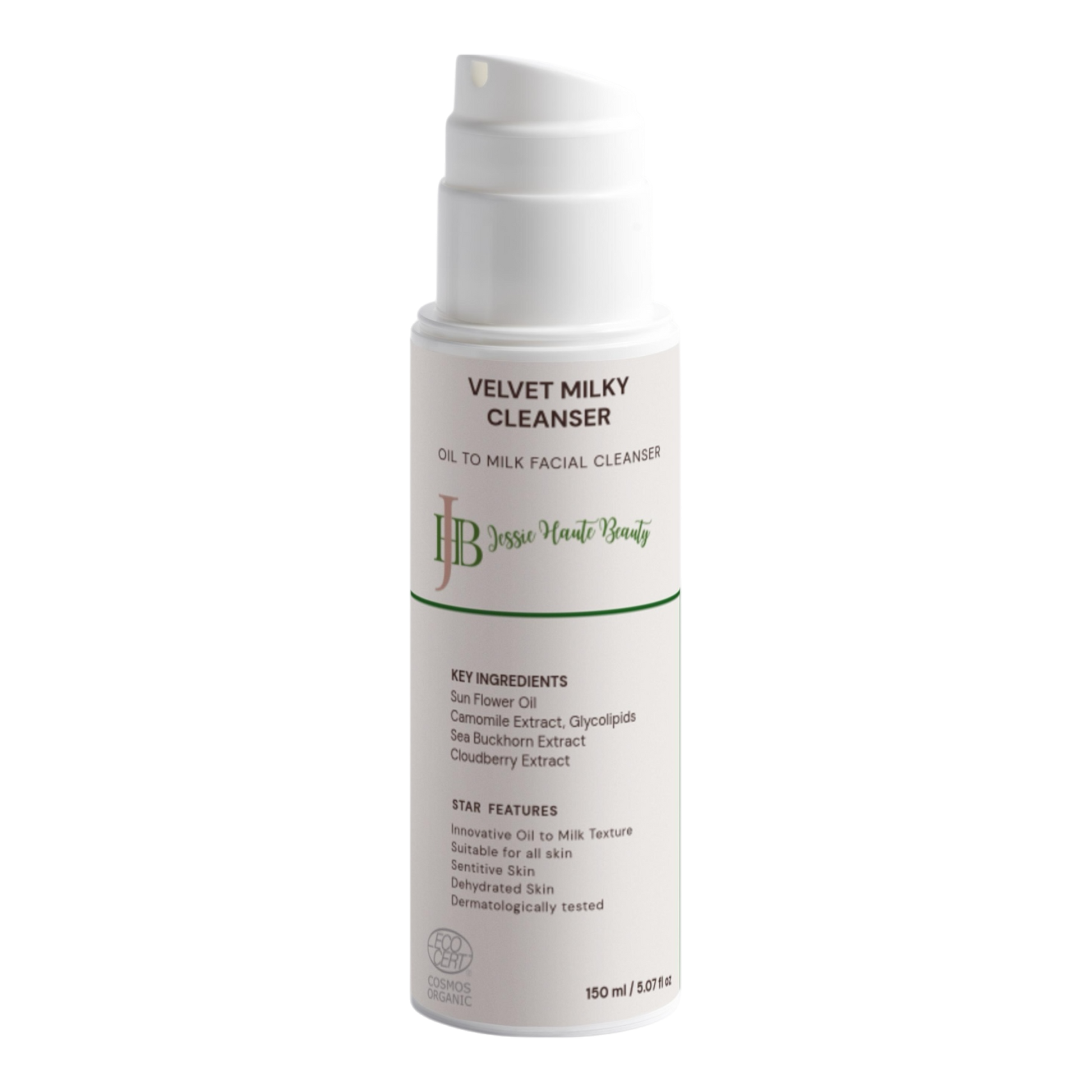 Jessie Harte Beauty Velvet Milky Cleanser bottle on a white background