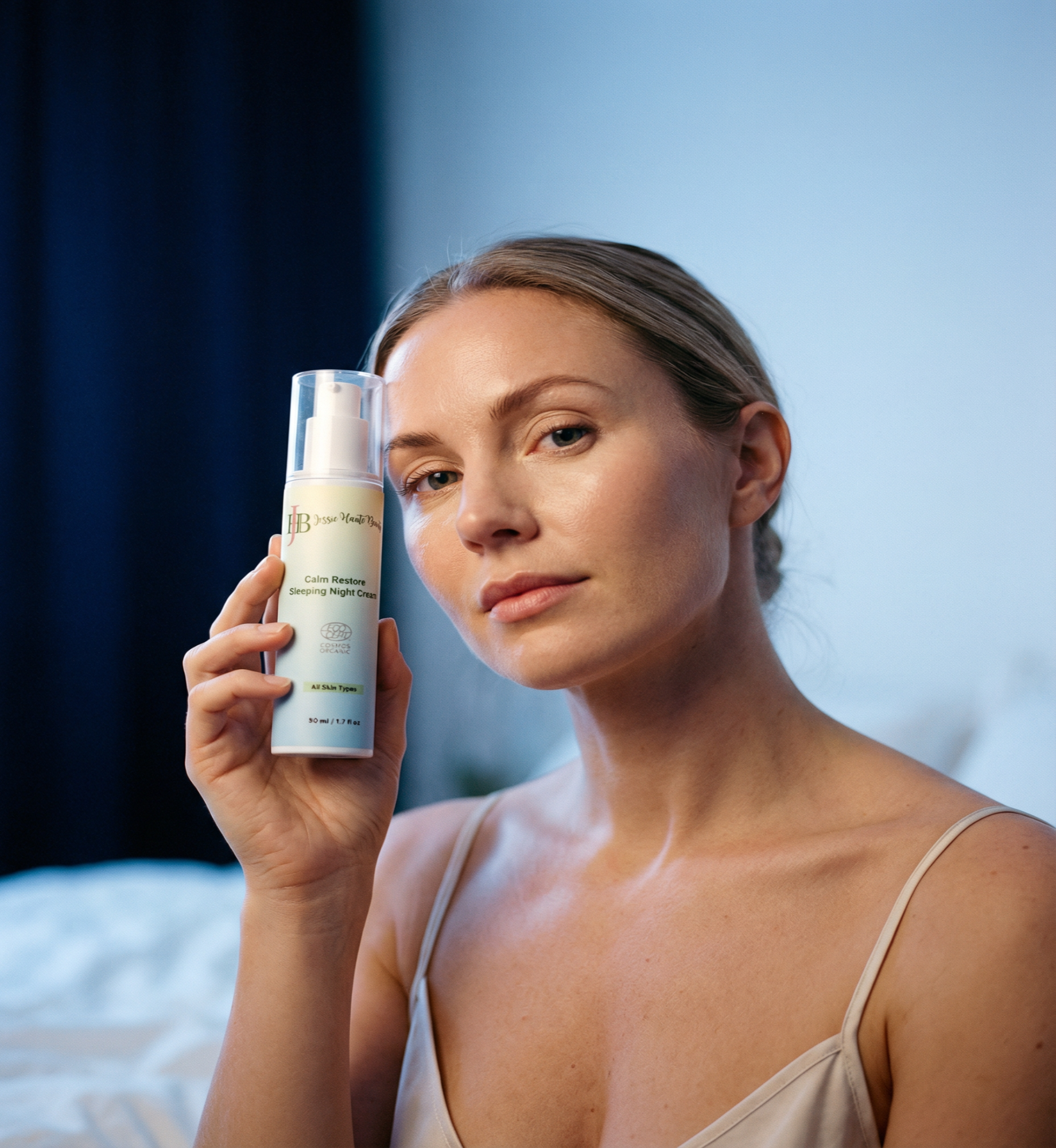Woman holding a skincare product with a blurred background