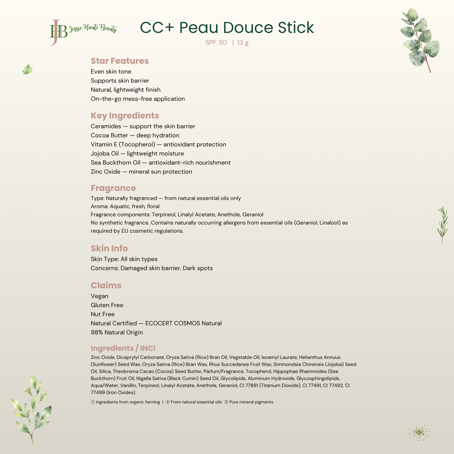 A product information card for JB Natural Things CC+ Peau Douce Stick SPF 30, detailing star features, key ingredients, fragrance, skin type, claims, and ingredients list with decorative green leaves in the corners.
