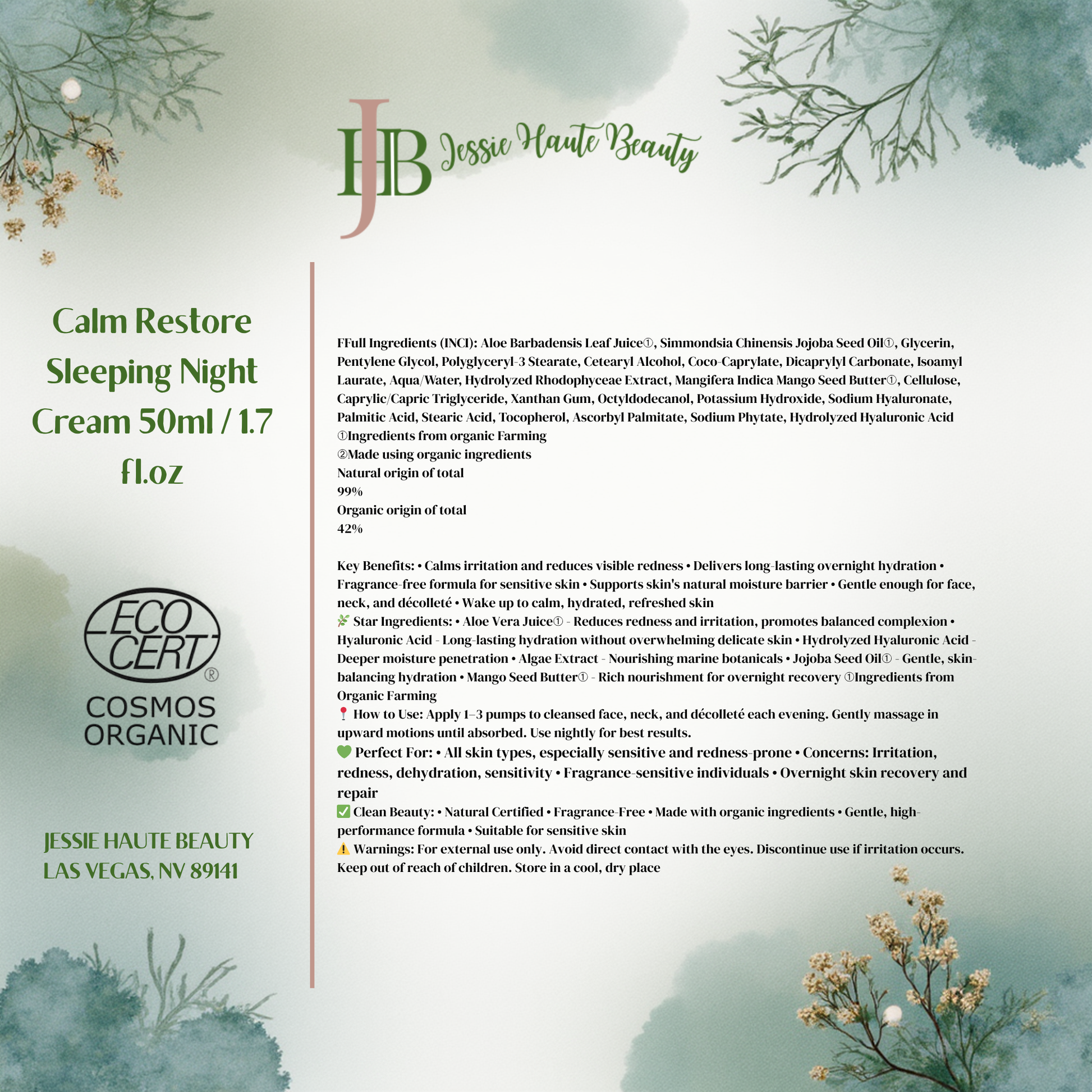 Jessie Haute Beauty Calm Restore Sleeping Night Cream packaging with product details and certifications.