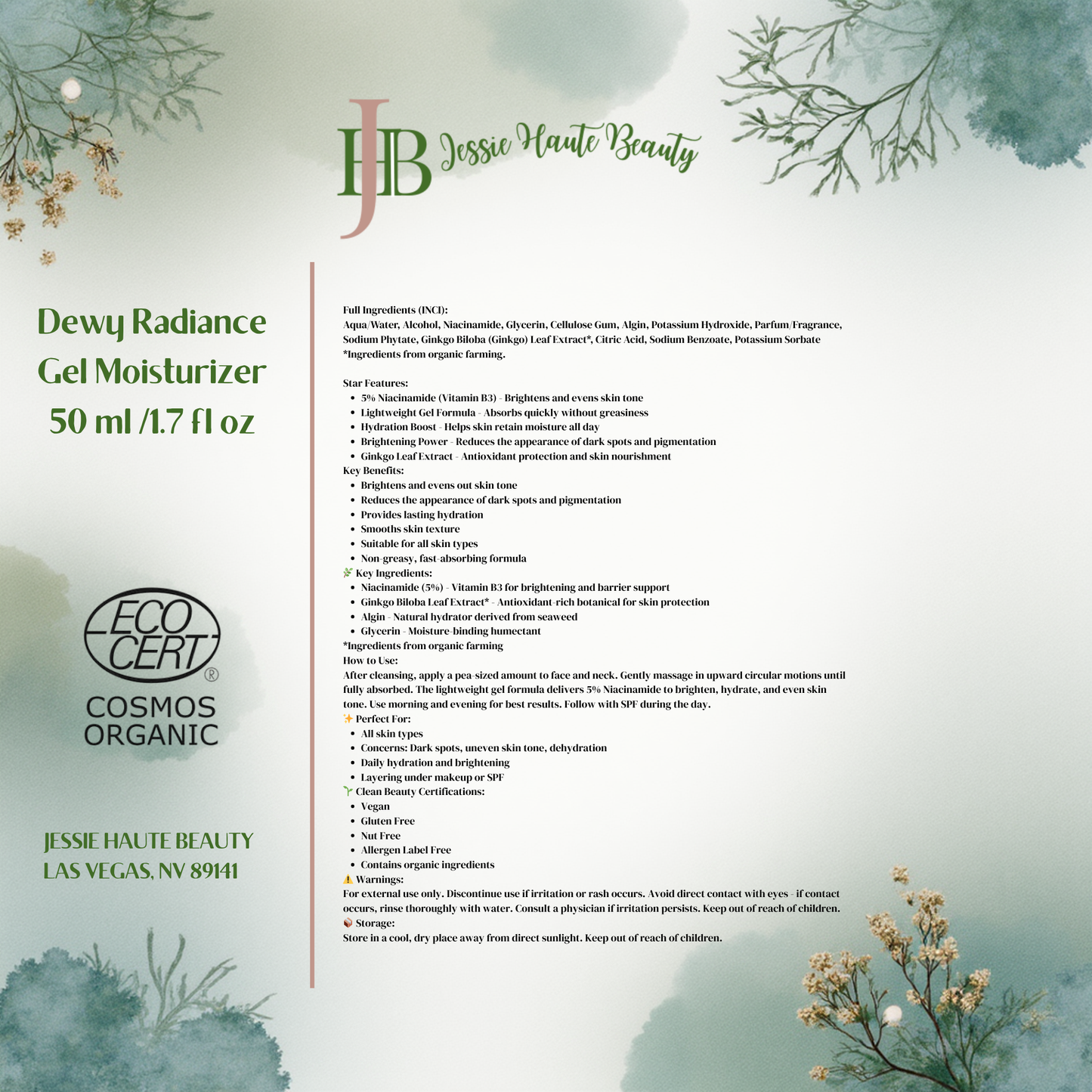 Jessie Haute Beauty Dewy Radiance Gel Moisturizer packaging with product details and branding.