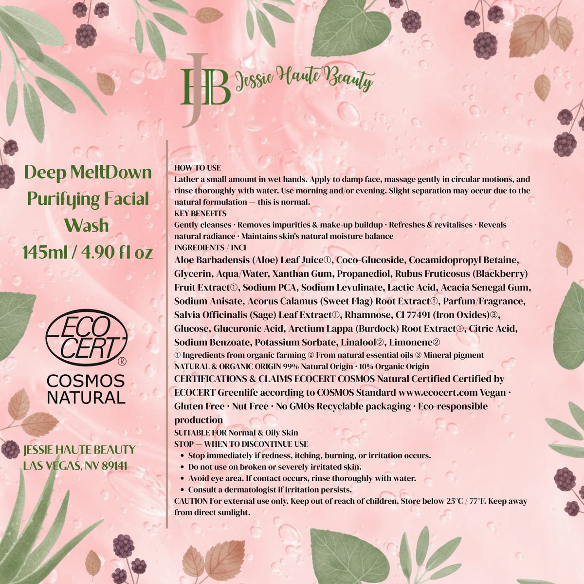 Product label for Deep MeltDown Purifying Facial Wash by Jessie Haute Beauty with botanical design and certification logos.