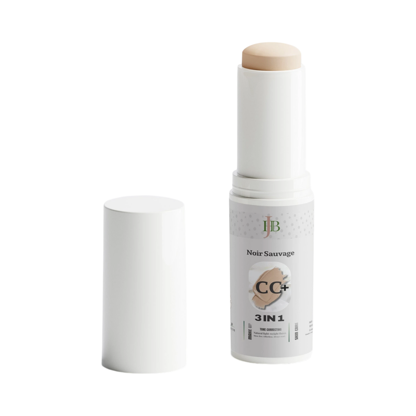 Cosmetic stick with white packaging and wooden cap on a white background