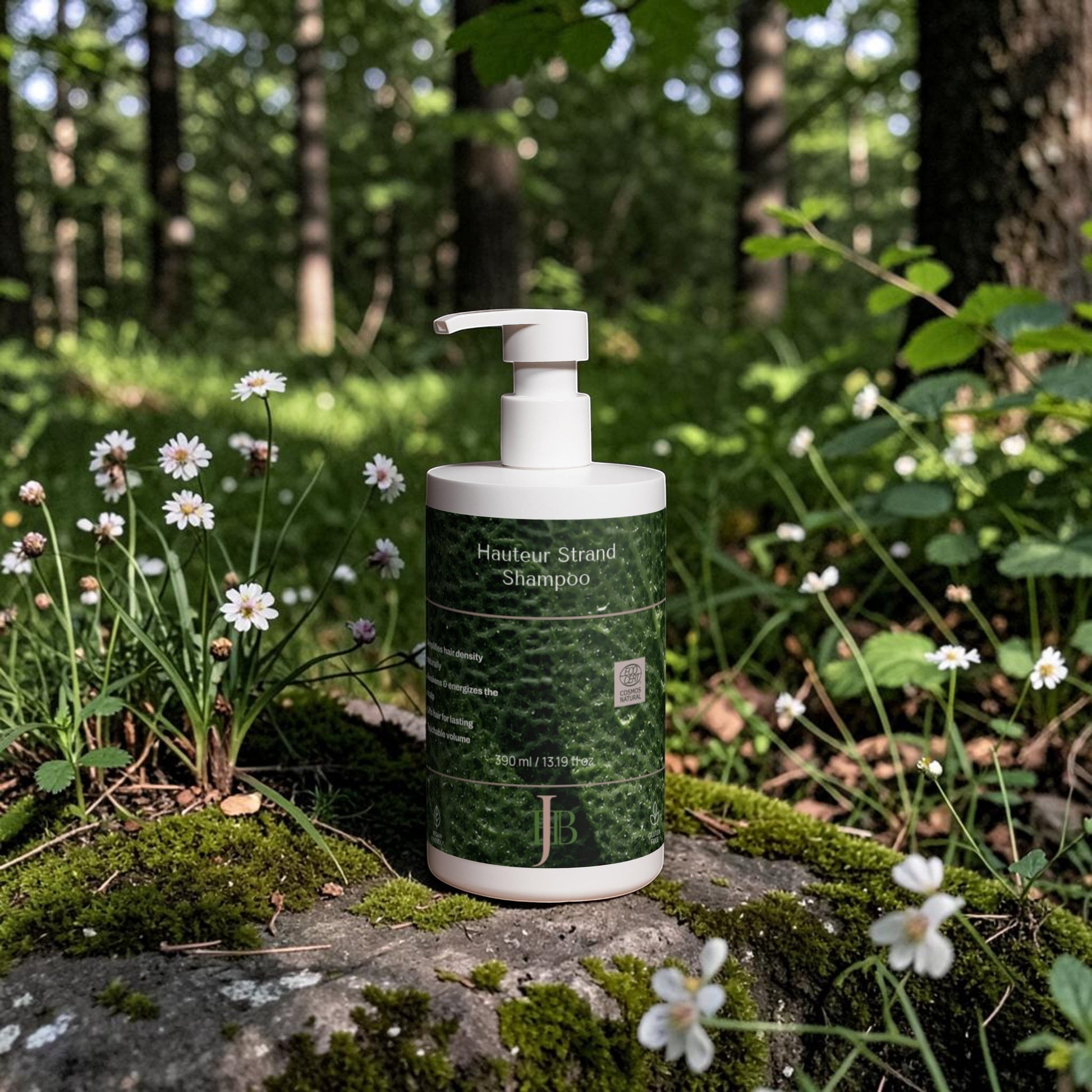 Shampoo bottle with pump on a rock in a forest setting