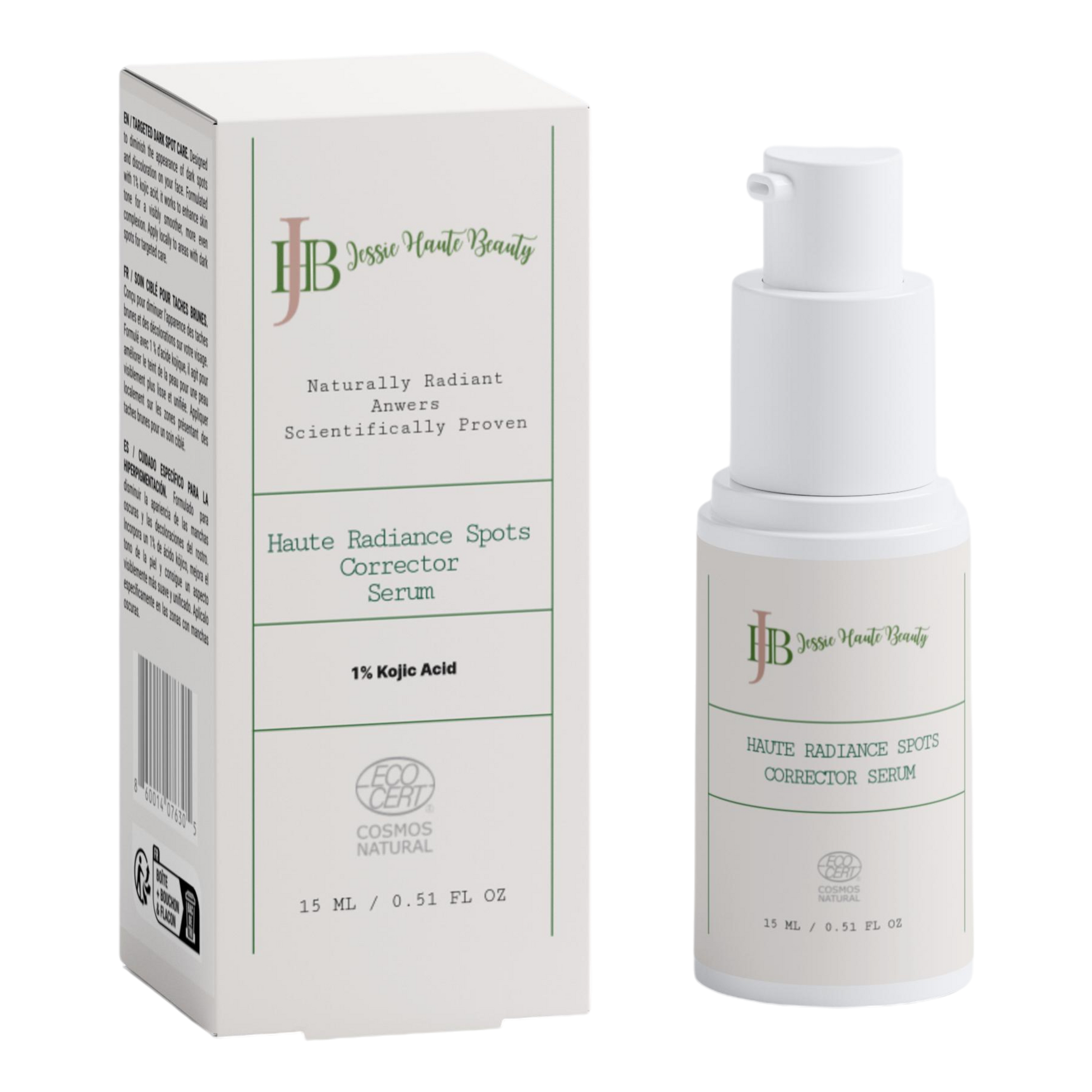 Jessie Beauty Haute Radiance Spots Corrector Serum packaging and bottle on a white background