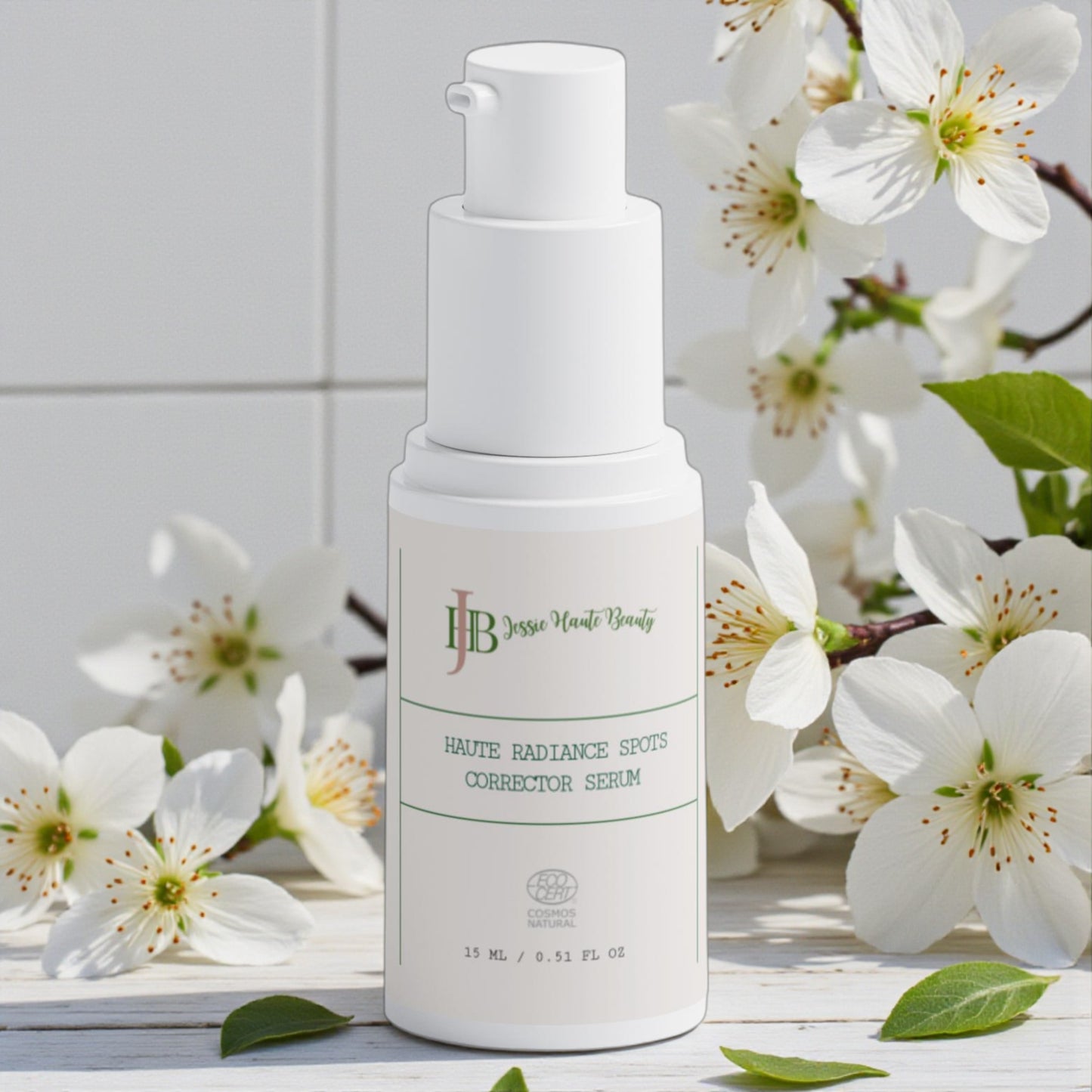 White skincare serum bottle with floral background