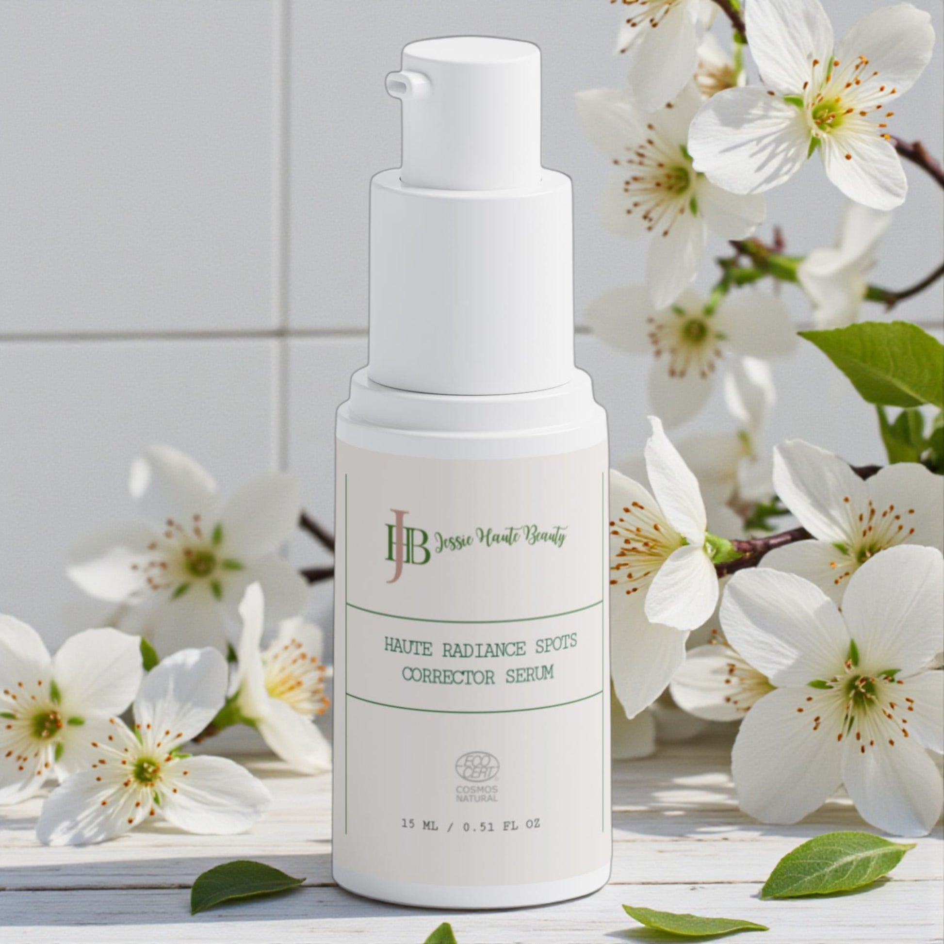 White skincare serum bottle with floral background