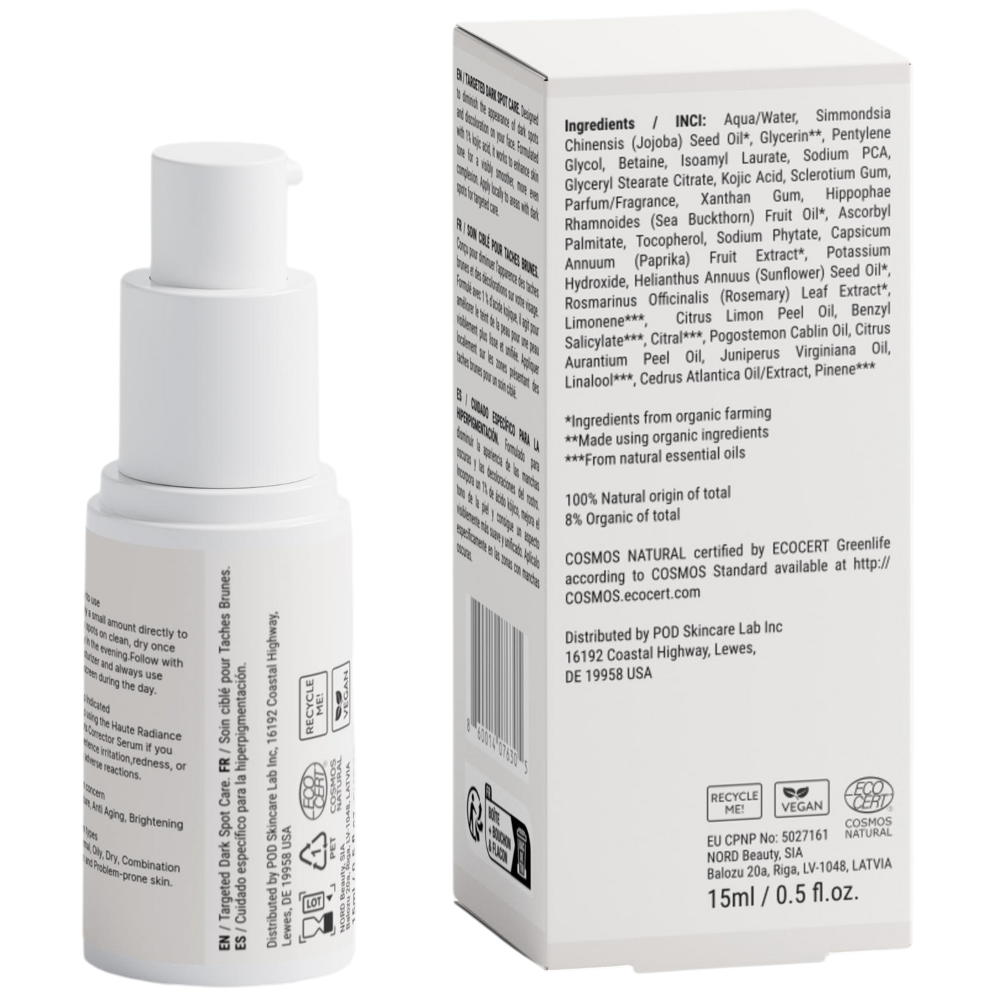 Skincare product bottle and box with ingredient list on a white background