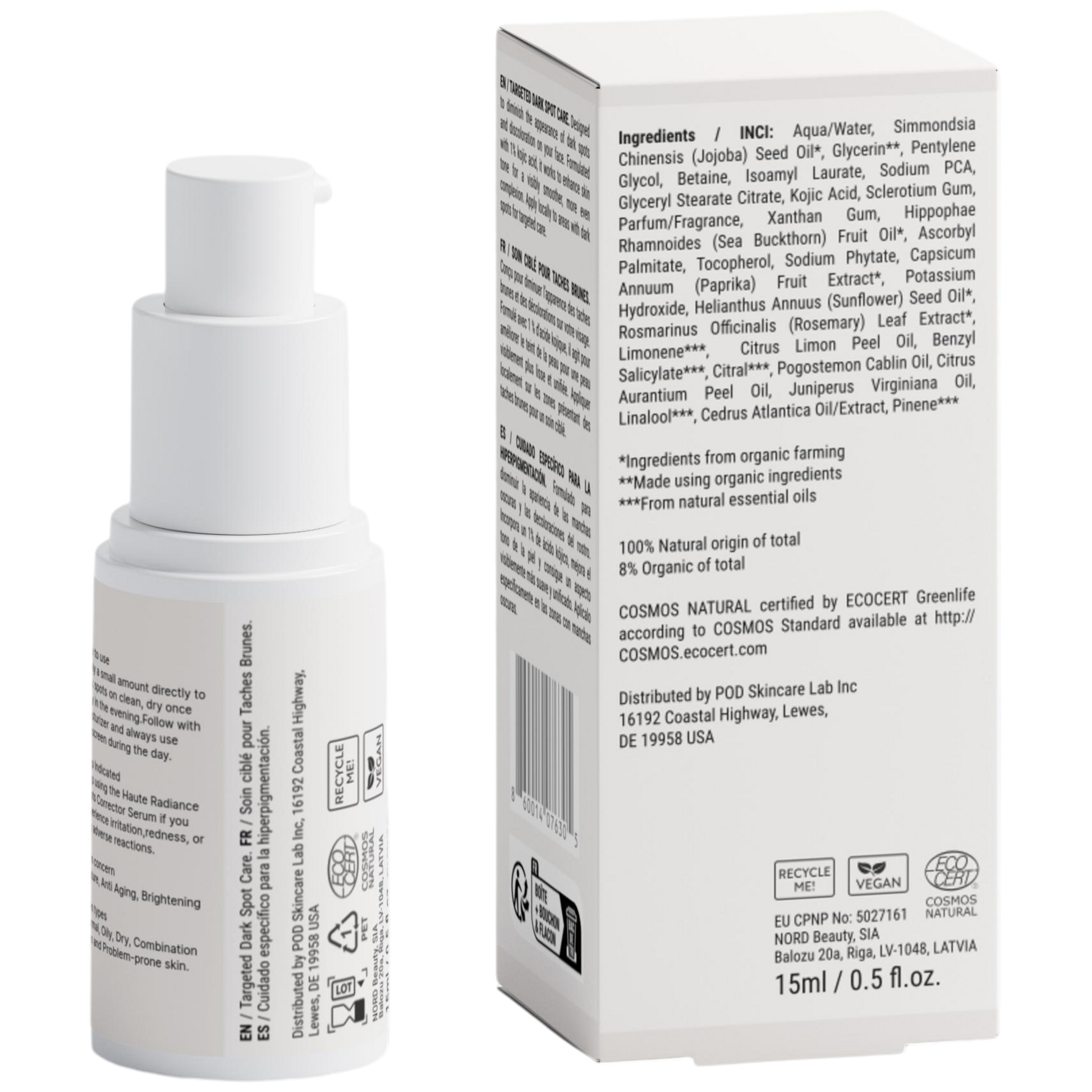 Skincare product bottle and box with ingredient list on a white background