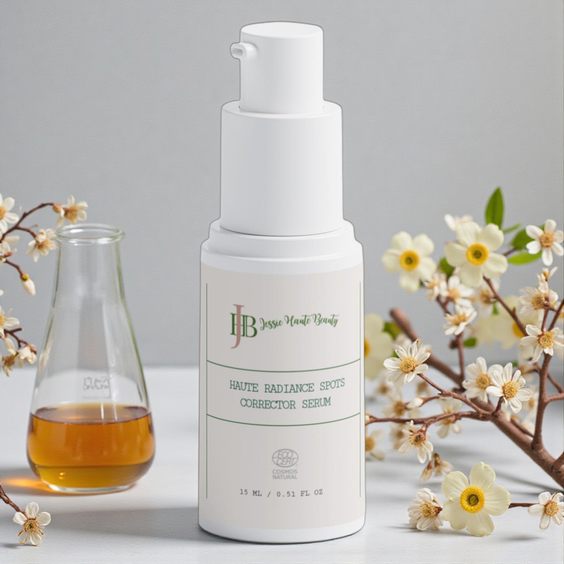 Skincare serum bottle with floral decorations on a light gray background