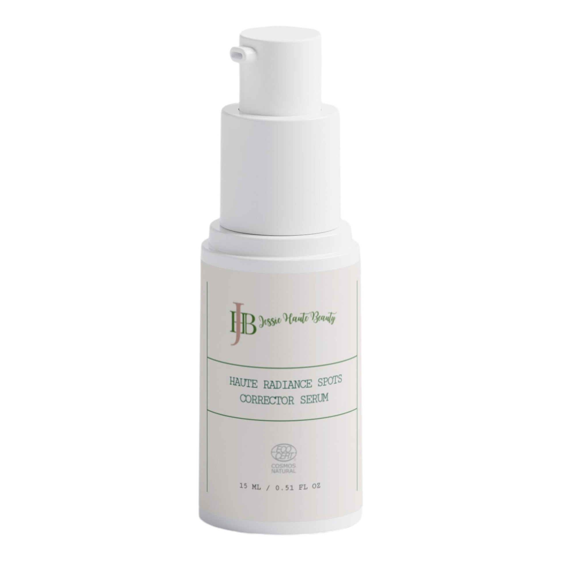 White skincare serum bottle with green text on a white background