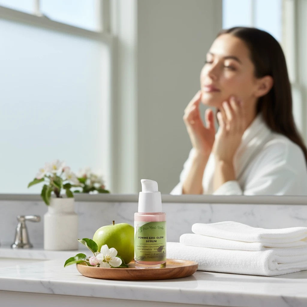 Jessie Haute Beauty Pomme Exo-Glow Serum with apple extract on a wooden tray with a woman applying it in the background.