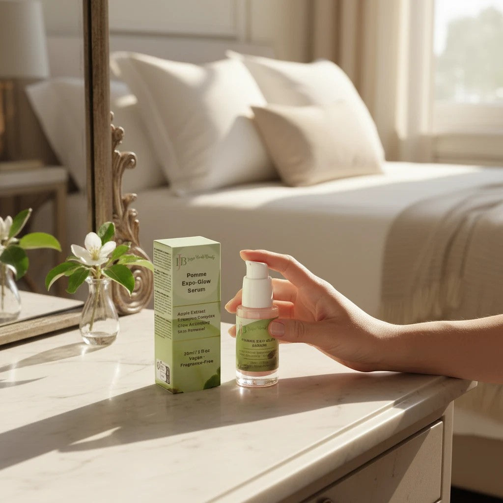 Jessie Haute Beauty Pomme Exo-Glow Serum bottle and box on a marble vanity with a hand applying the skincare product.
