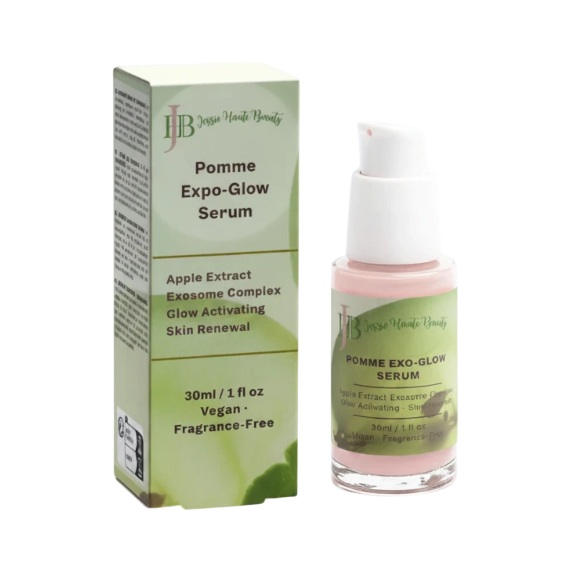 Jessie Haute Beauty Pomme Exo-Glow Serum in a pale pink bottle with a green box, featuring apple extract exosomes.