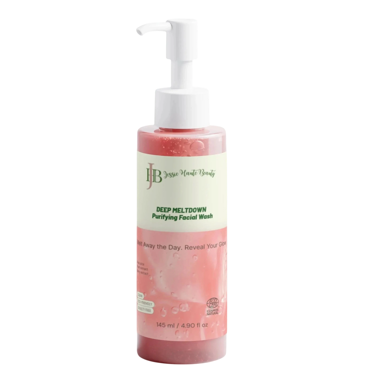 Jessie Haute Beauty Deep MeltDown Purifying Facial Wash in a clear bottle with a white pump dispenser.