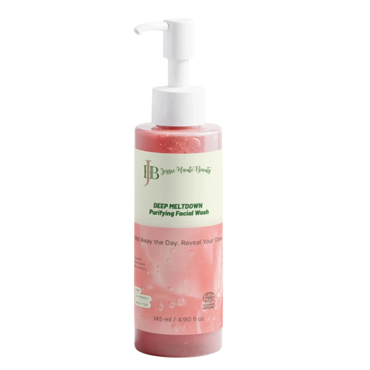 Jessie Haute Beauty Deep MeltDown Purifying Facial Wash in a clear bottle with a white pump dispenser.
