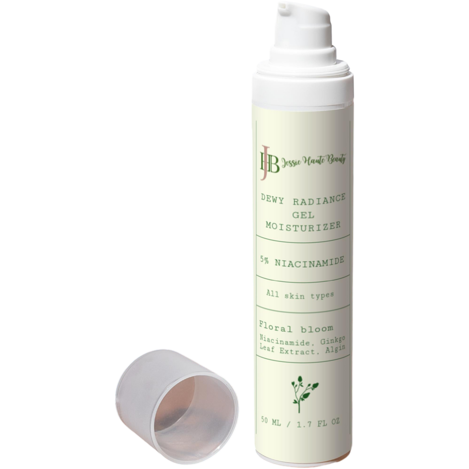 White moisturizer bottle with green text on a white background