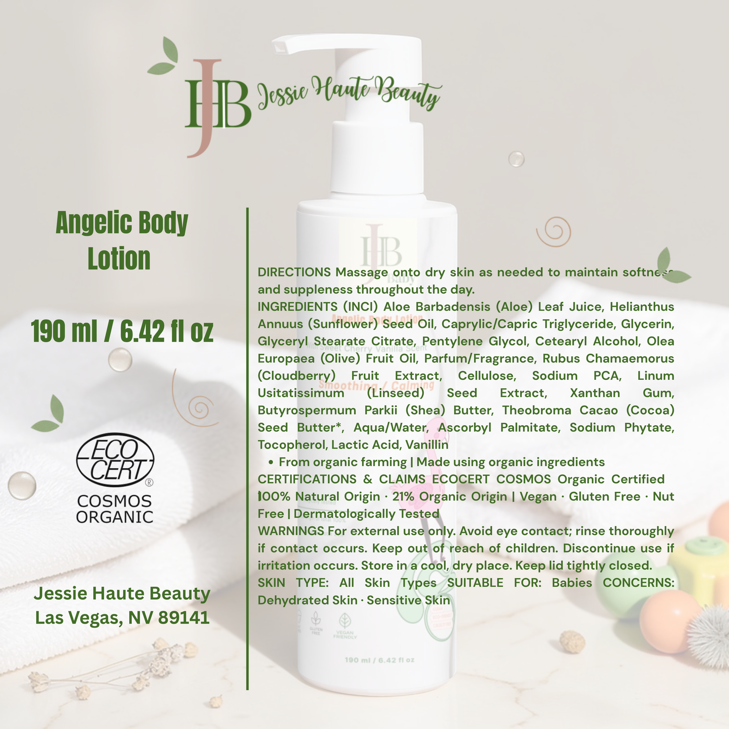 Jessie Haute Beauty Angelic Body Lotion packaging with product details and branding.