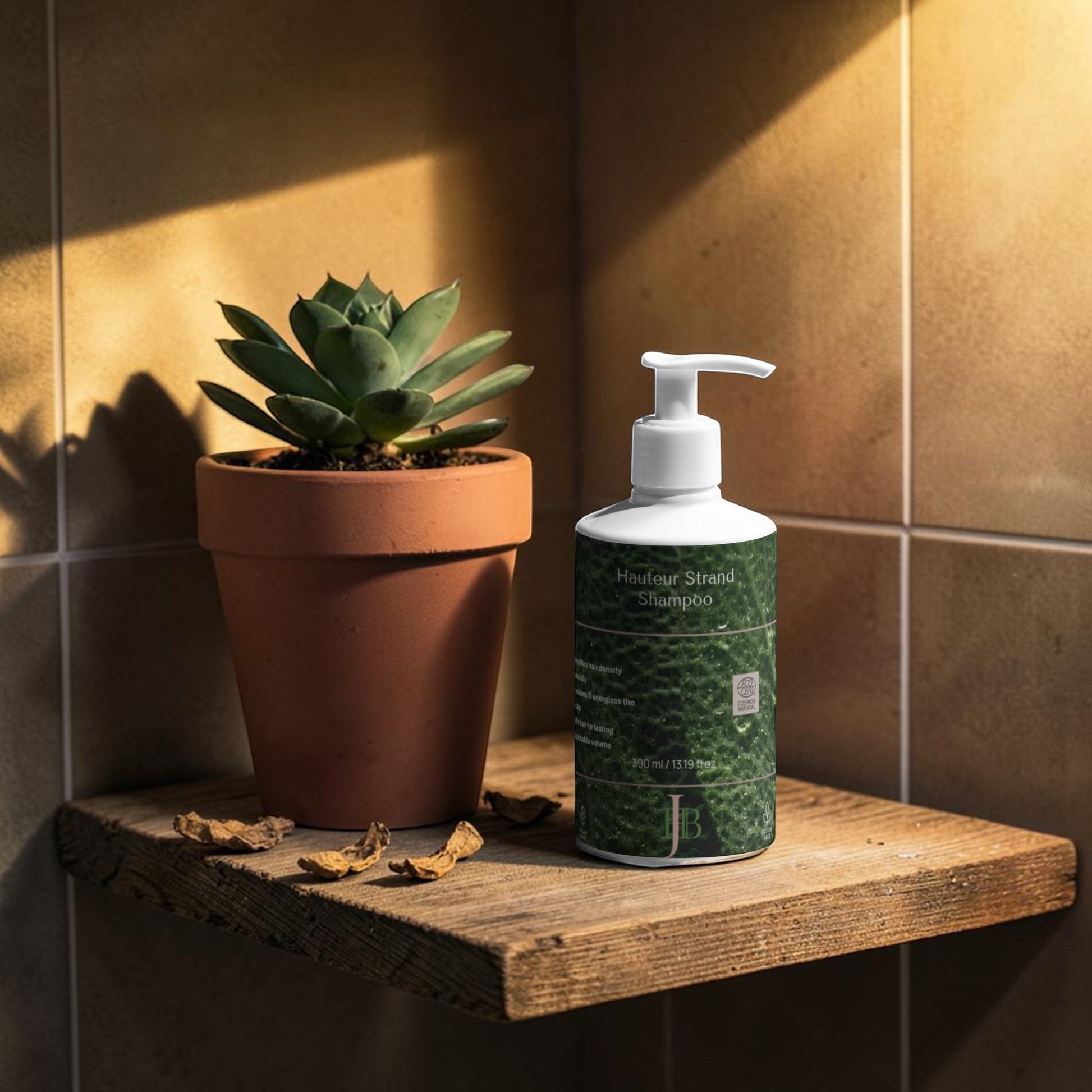 Shampoo bottle with green label on a wooden shelf next to a potted plant in a bathroom setting.