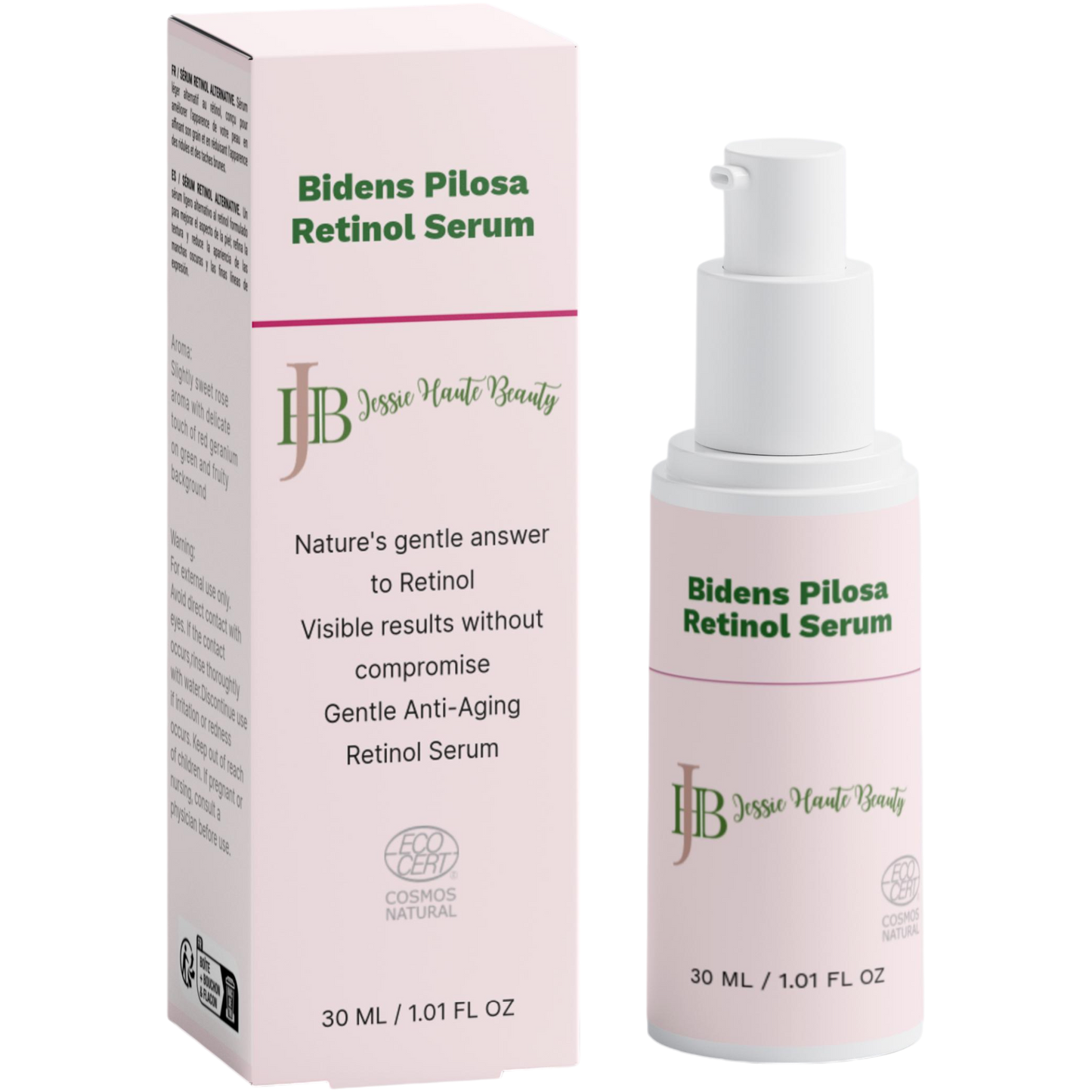 Jessie Haute Beauty Bidens Pilosa Retinol Serum packaging and bottle on a white background