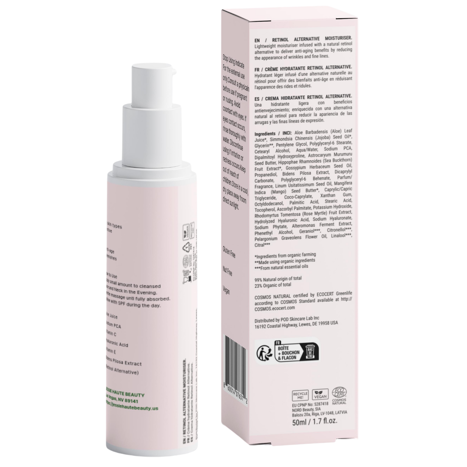 Skincare bottle and box with text on a white background